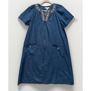 Go Softly Patio Denim House Dress Mumu Women's Sm Floral Embroidered Cottagecore